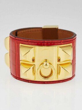 Hermes Geranium Matte Alligator Gold Plated Collier de Chien Cuff Bracelet
